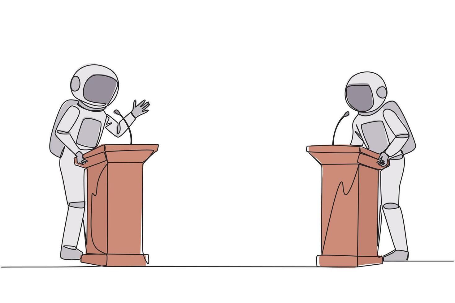 Single continuous line drawing two astronauts arguing on the podium. Throwing opinions on the best way to deal with global warming. Open dialogue. Debating. Argue. One line design illustration vector