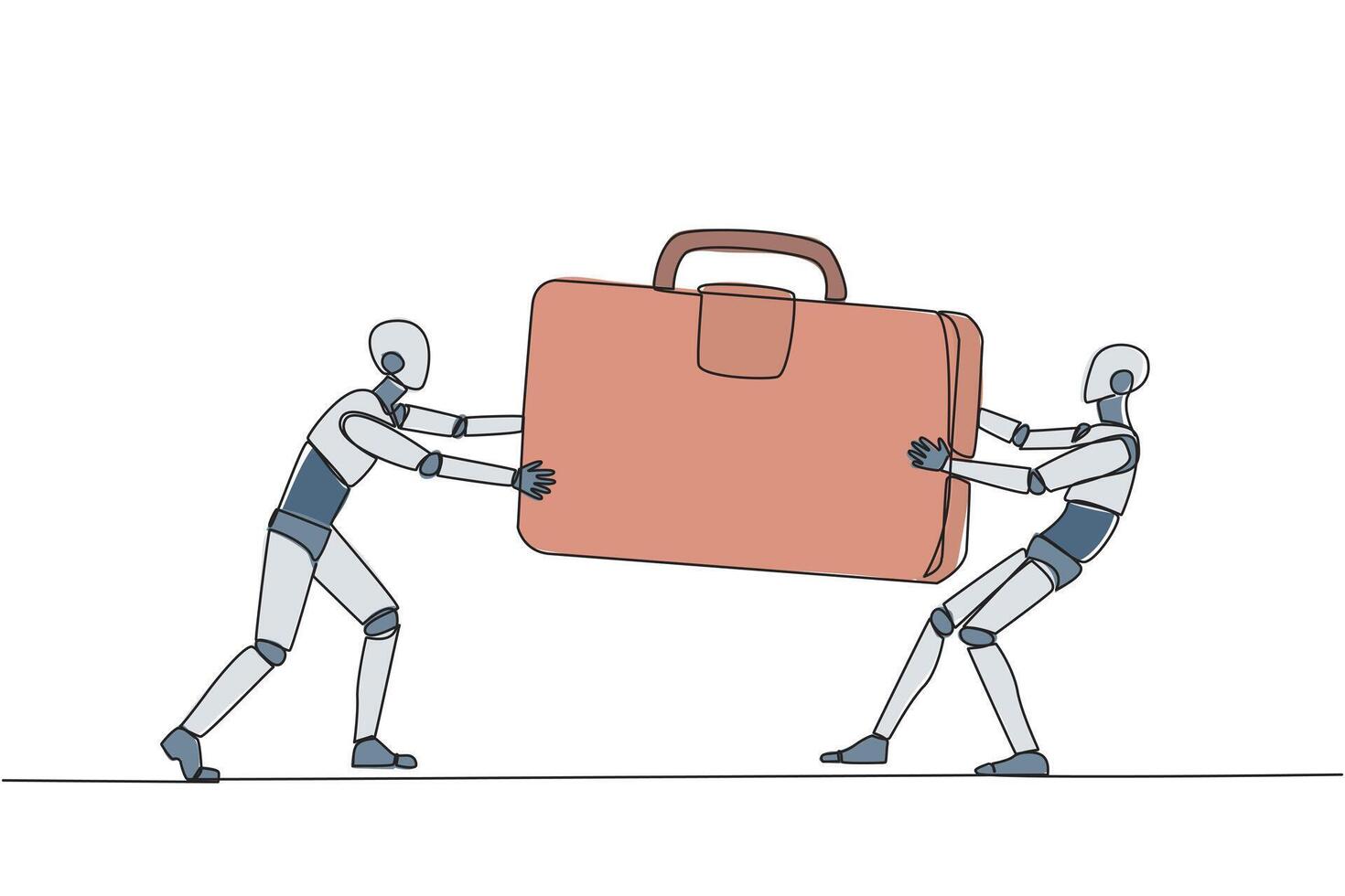 Continuous one line drawing two aggressive robot fighting over the briefcase. Fight over the client data contained in the bag. Robotic attack. Target. AI. Single line draw design illustration vector