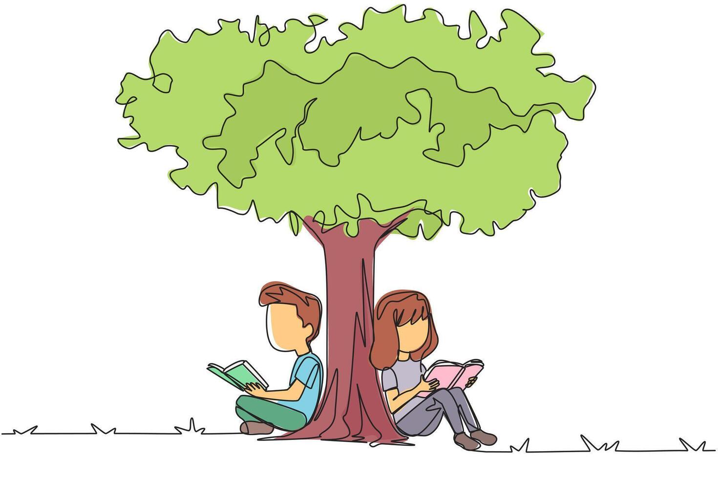 Single one line drawing the kids sitting reading a book under shady tree. They do group study summarizing story books. Enjoy reading. Book festival concept. Continuous line design graphic illustration vector