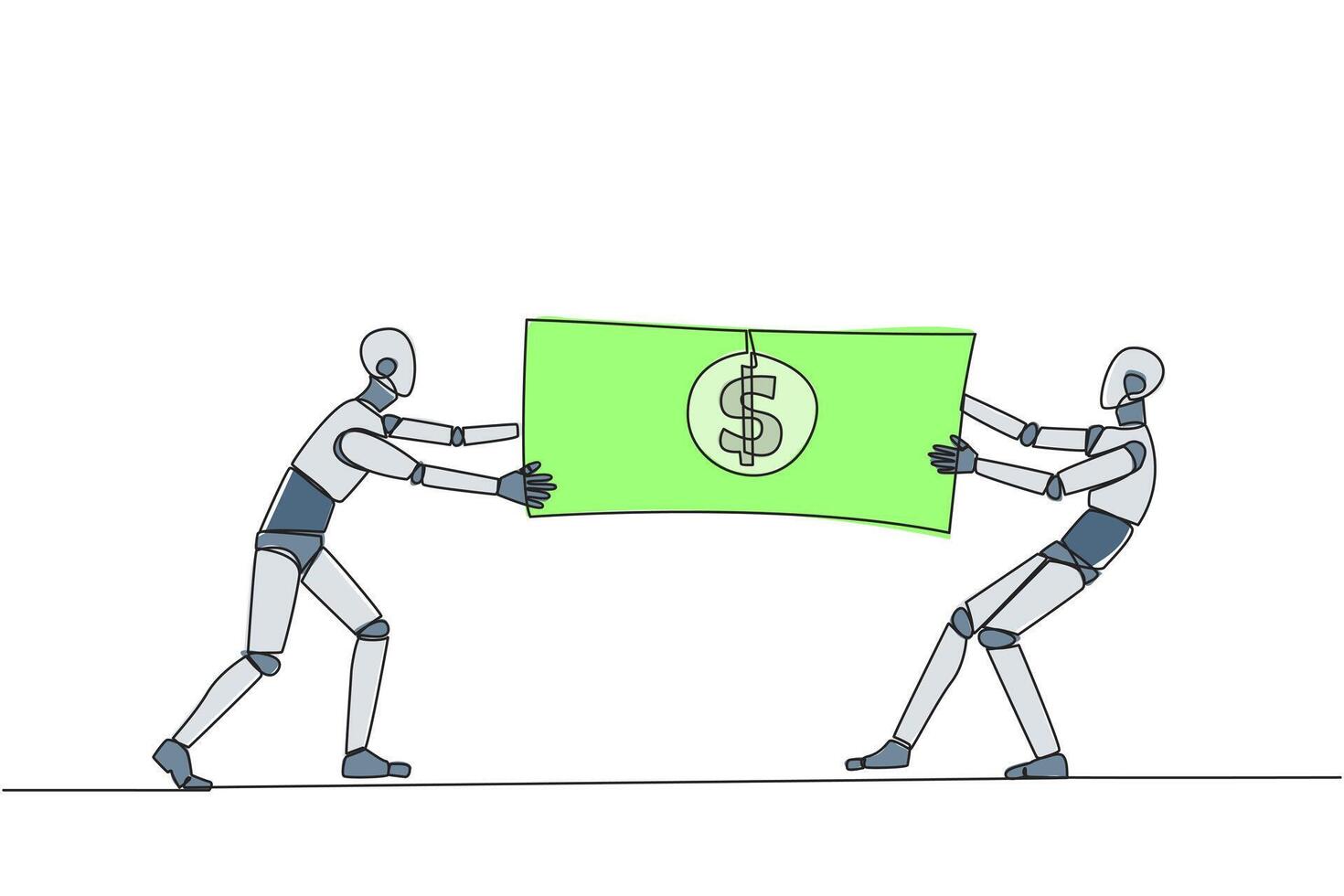 Single one line drawing two angry robot fighting over banknotes. Fight over the capital provided by the government to selected robotics. Rival. Technology. Continuous line design graphic illustration vector