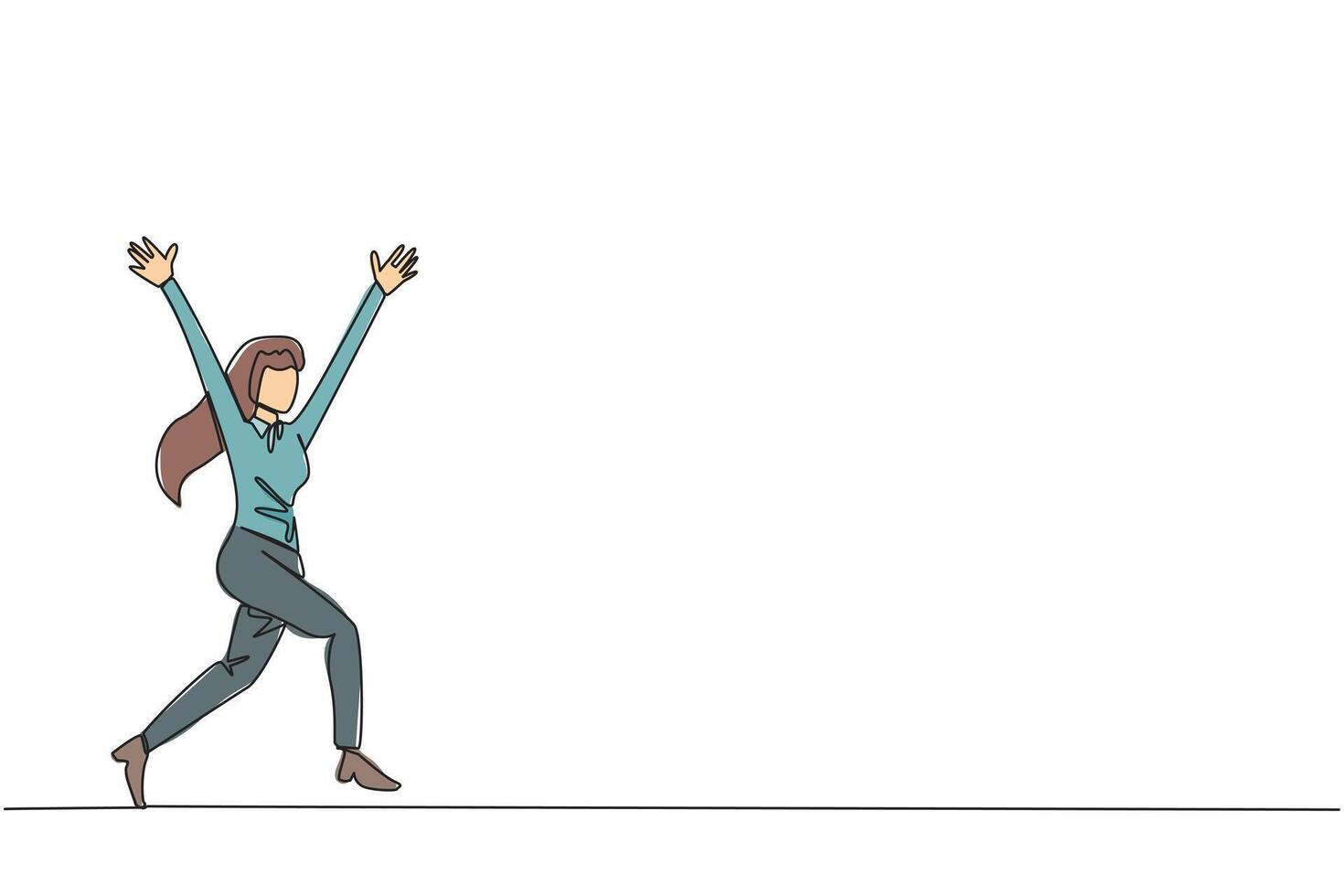 Single continuous line drawing young businesswoman running to celebrate the success of business. Like a football player who scores goal, she celebrates. Success. One line design illustration vector