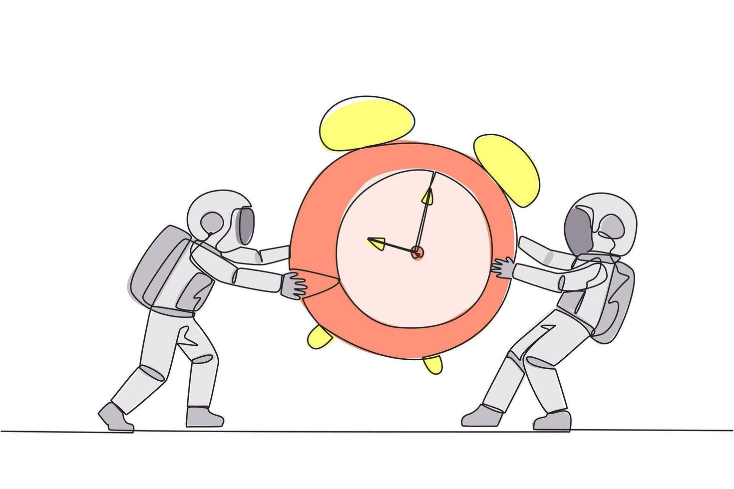 continuo uno línea dibujo dos emocional astronauta luchando terminado el grande alarma reloj. el concepto de luchando para raro artículos para prestigio. conflicto. espacio. soltero línea dibujar diseño ilustración vector