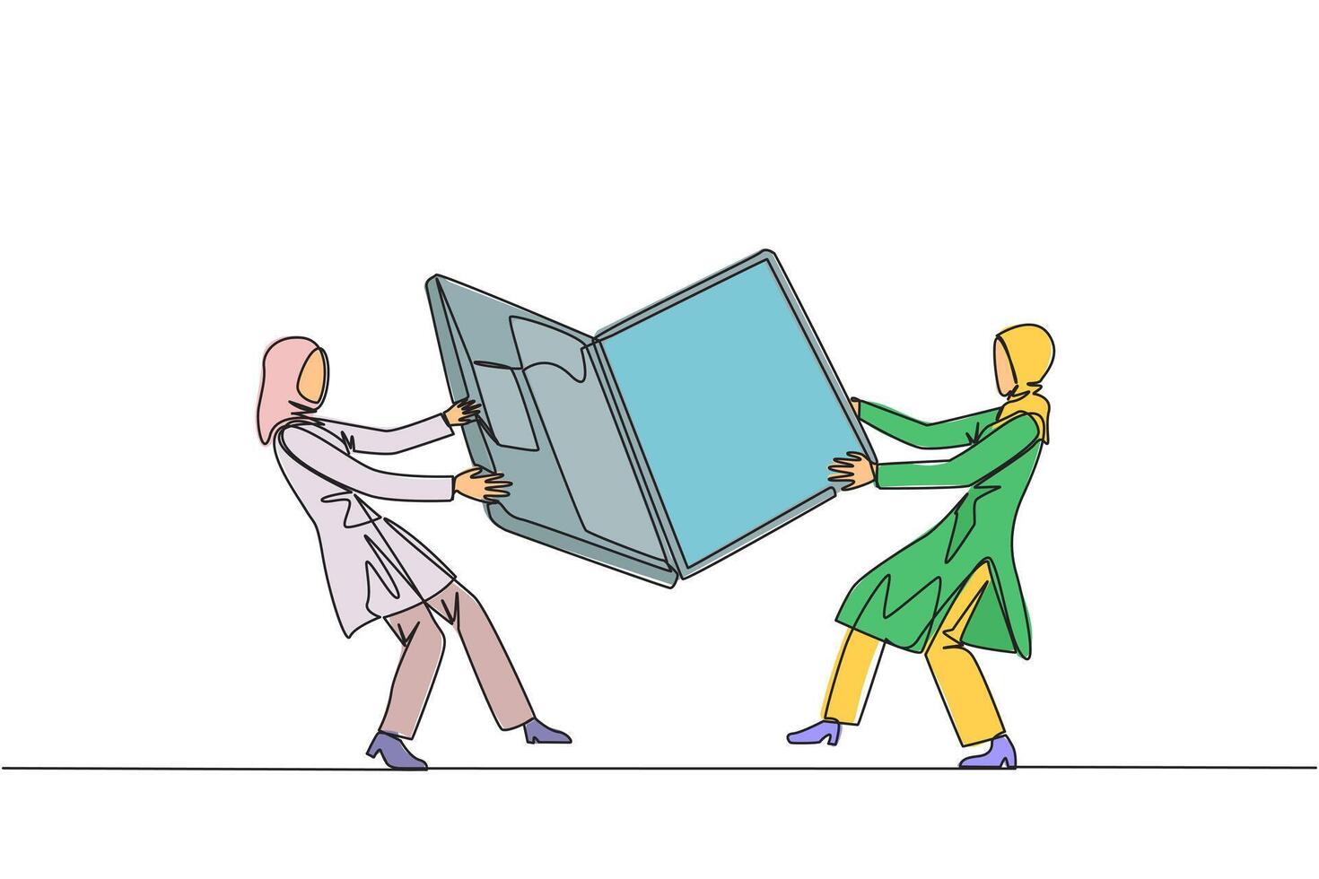 Single one line drawing two emotional Arabian businesswoman fighting over laptop. Fighting for information about very good area to be next target market. Continuous line design graphic illustration vector
