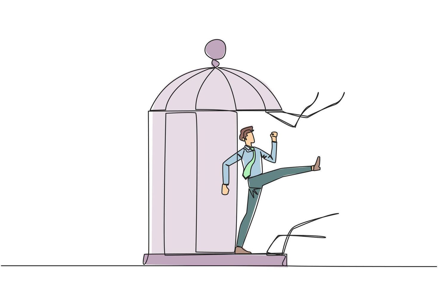 Single one line drawing businessman trapped in cage kick the cage until wrecked. Freedom of expression for the smooth running of business. Distractions. Continuous line design graphic illustration vector