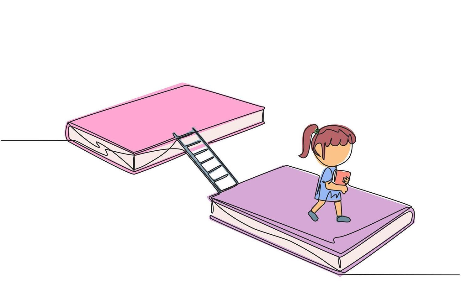 Single continuous line drawing girl walking on books. A book exhibition concept. Display many books, from scientific books to fiction story books. Book festival. One line design illustration vector