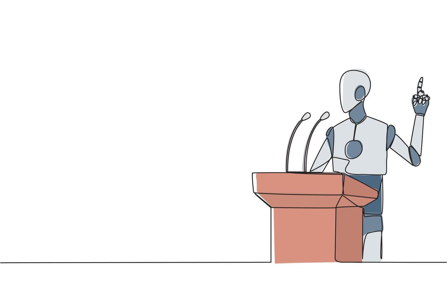 Continuous one line drawing smart robotic speaking at the podium while lifting index finger up. Made a favorable statement for the company. Orator. AI tech. Single line draw design illustration vector