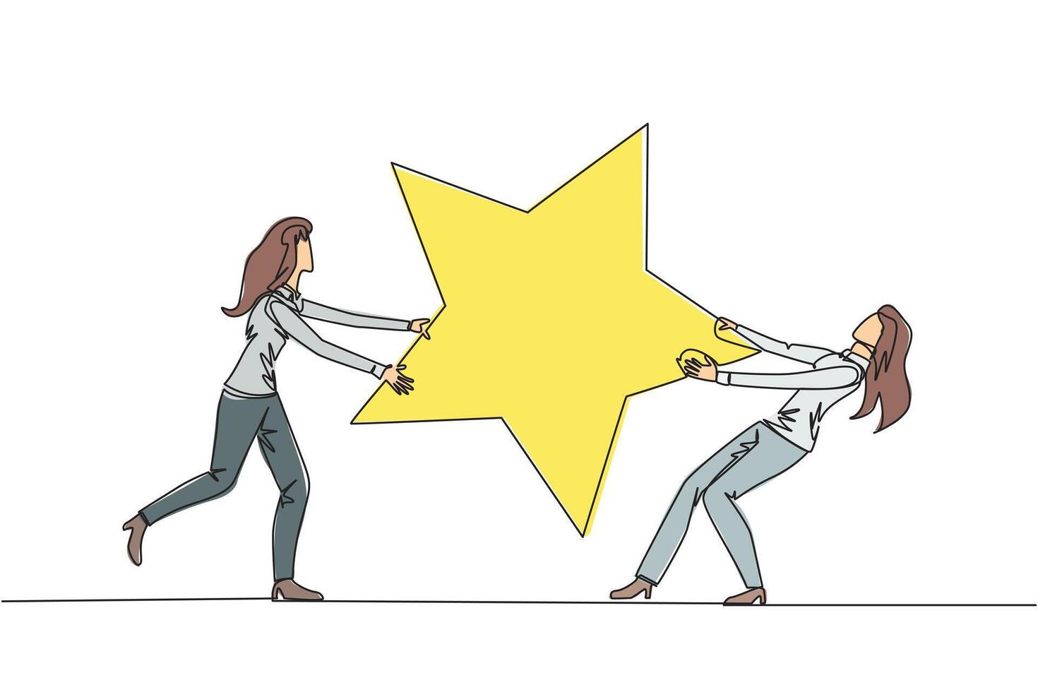 Continuous one line drawing two angry businesswoman fighting over the star. The concept of fighting for brilliant employees for the progress of the company. Single line draw design illustration vector