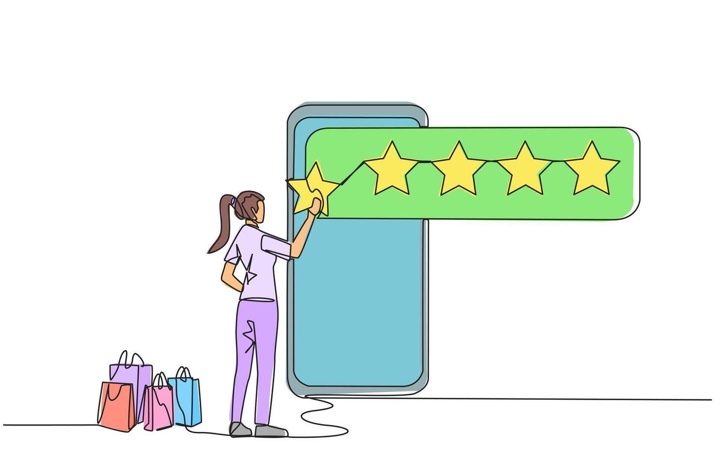 Single one line drawing happy woman standing facing giant smartphone and trying to stick one star, that it becomes 5 stars. Reviews given to online stores. Continuous line design graphic illustration vector
