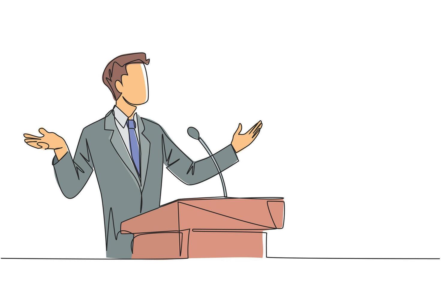 Single one line drawing young businessman speaking at the podium while opening hands. Explain the history of the company to become a multinational company. Continuous line design graphic illustration vector