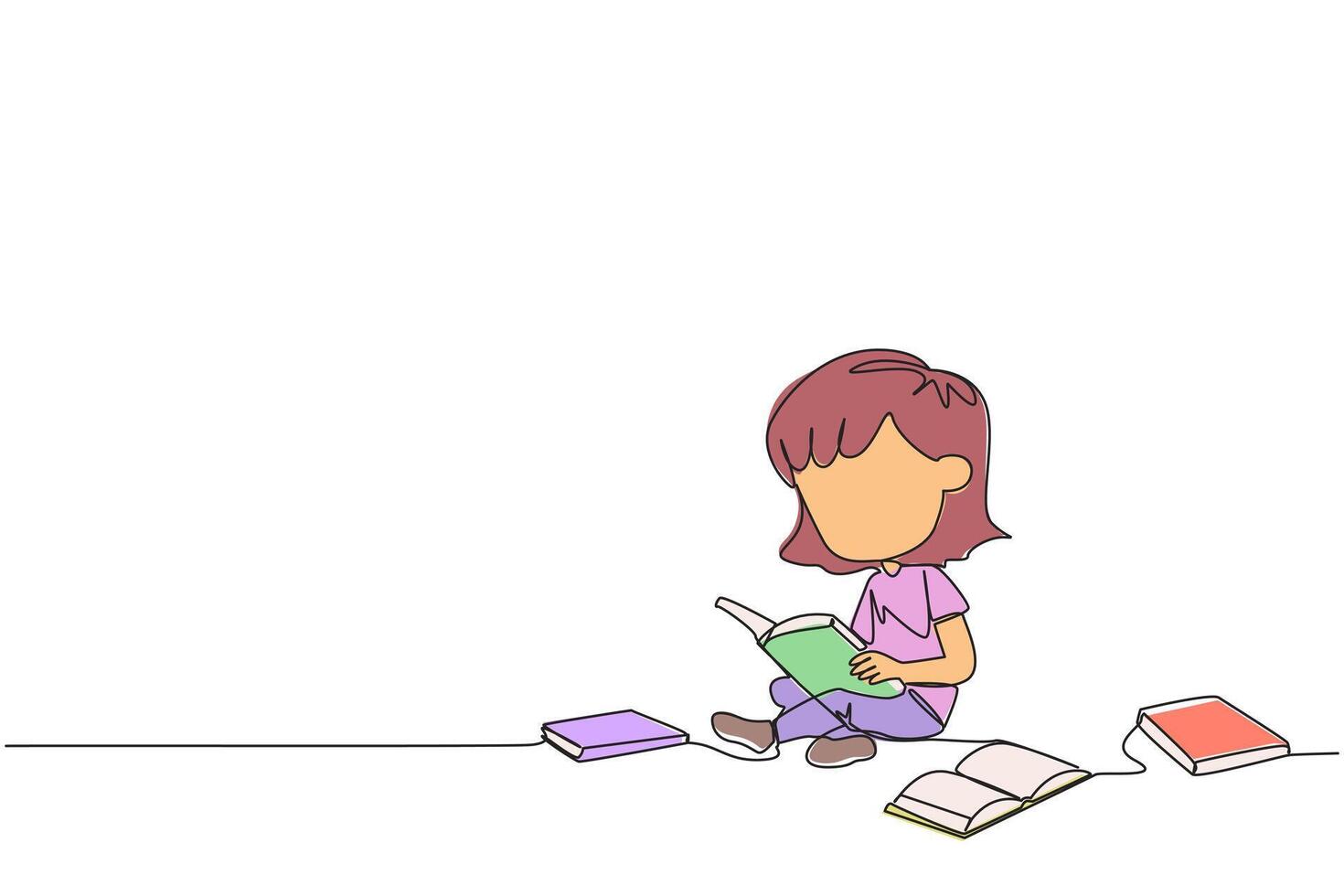 Single one line drawing girl sitting relaxed in a library reading a lot of books. Looking for answers to school assignments. Reading hobby. Book festival. Continuous line design graphic illustration vector