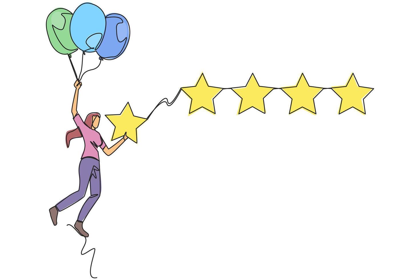 Single continuous line drawing young happy woman flying with balloon carry 1 star and wants to align it with the other 4 stars. Trying to give a perfect rating. One line design illustration vector