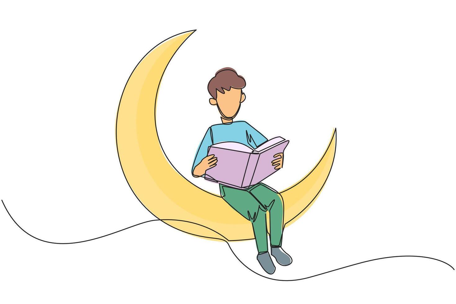 soltero uno línea dibujo hombre sentado en creciente Luna leyendo un libro. metáfora de leyendo un hada historia antes de durmiendo. leer Hasta que tarde. amor lectura. continuo línea diseño gráfico ilustración vector