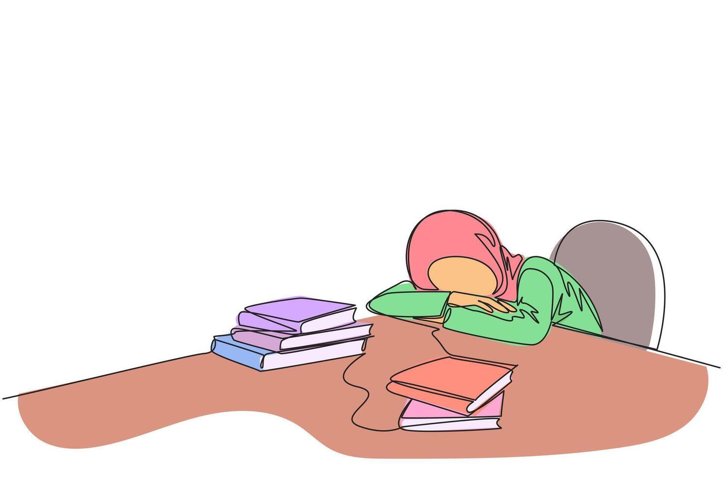 Continuous one line drawing Arabian woman asleep at table where there were piles of books. Tired after successfully finish favorite reading book. Reading. Single line draw design illustration vector