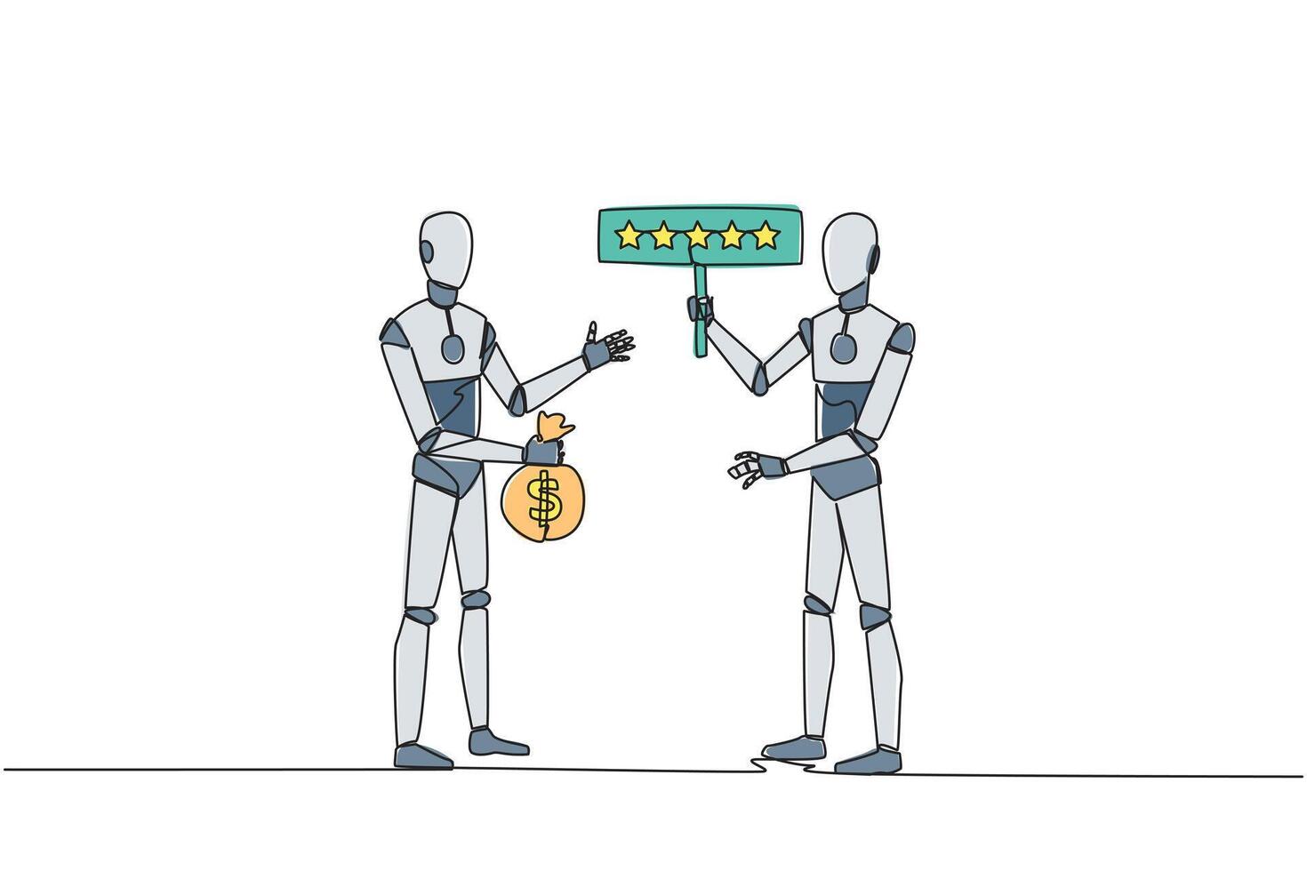 Single one line drawing two robotics standing opposite each other. The one carry money bag, the other carry rating board with 5 stars. Buy and selling reviews. AI. Continuous line graphic illustration vector