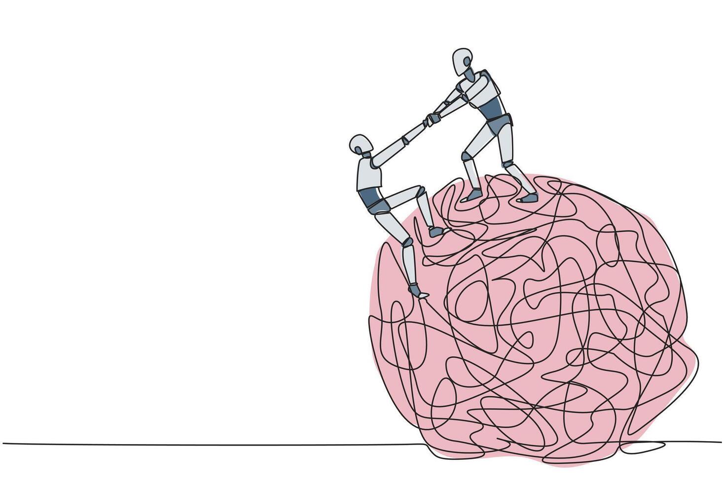 soltero uno línea dibujo inteligente robot ayuda colega sube el grande pesado sucio círculo. trabajo en equipo elimina ansiedad. eliminar estrés a atención en negocio. continuo línea diseño gráfico ilustración vector