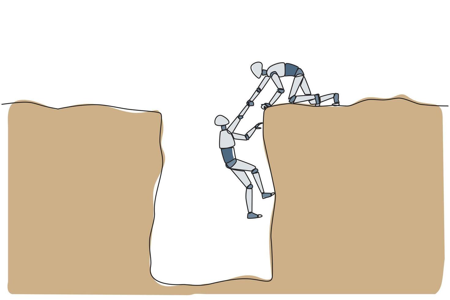 Single one line drawing smart robotic helps colleague climbing a wide hole. Teamwork helps colleague who fallen. Inviting success together. Cohesive AI. Continuous line design graphic illustration vector