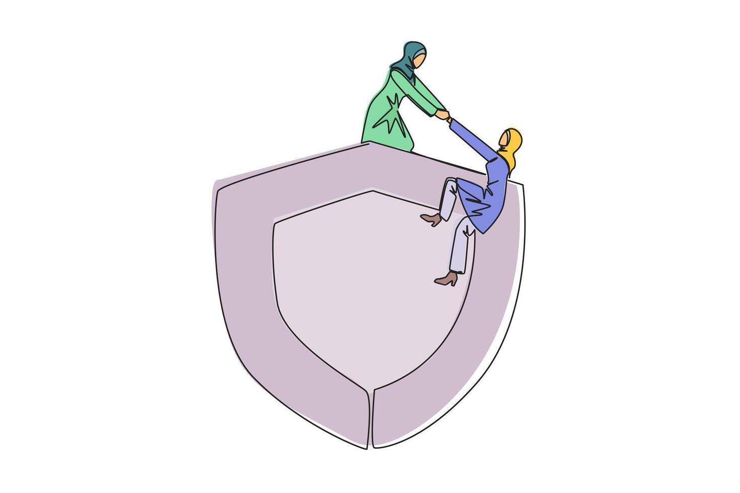 Single one line drawing Arab businesswoman helps colleague climb the big shield. Teamwork keeps colleagues safe from evil businesswoman. Helping each other. Continuous line design graphic illustration vector