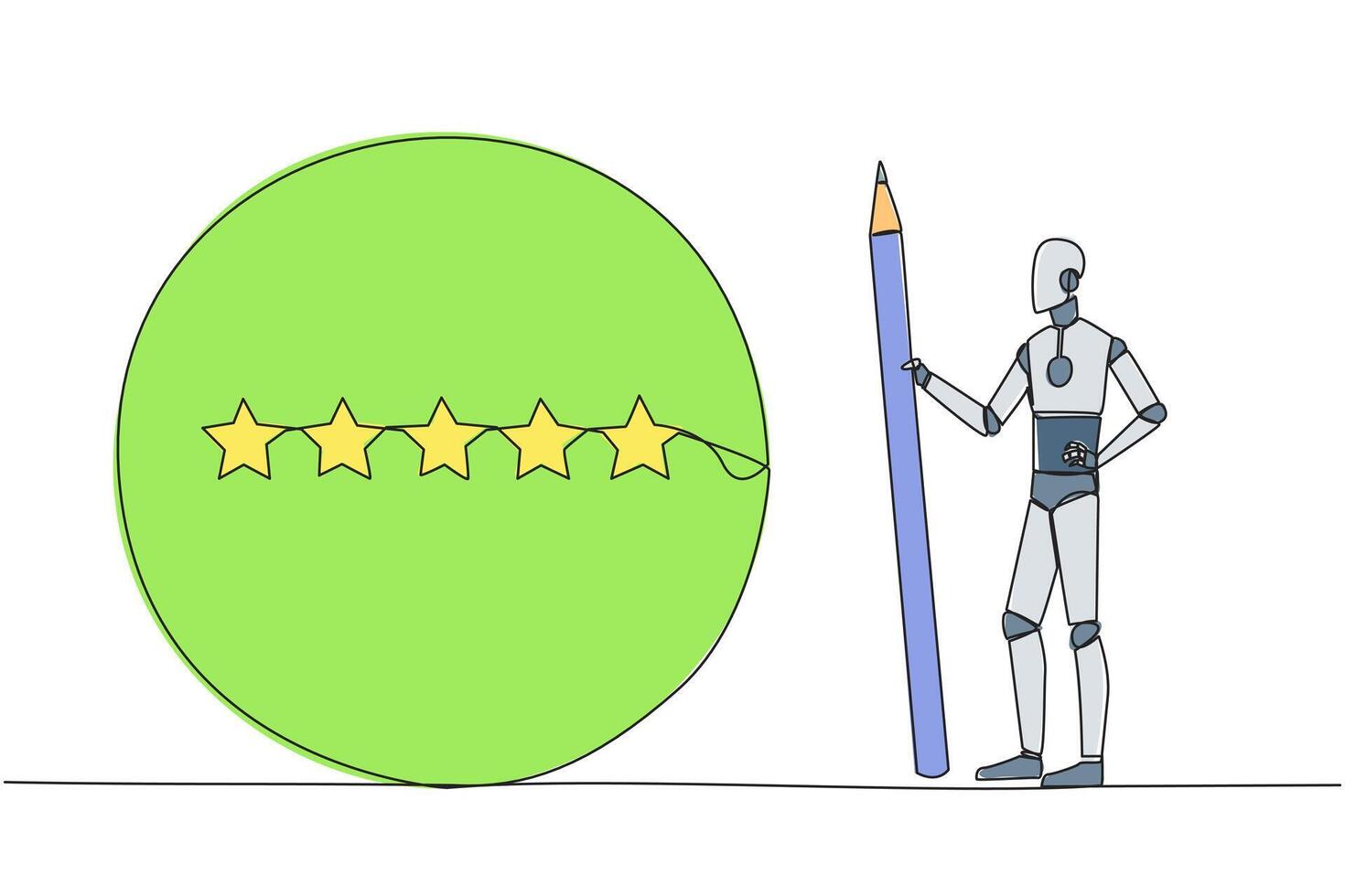 Single continuous line drawing robot stands holding a large pencil and next to is large circle encircling all 5 stars. Five star rating positive feedback. AI tech. One line design illustration vector