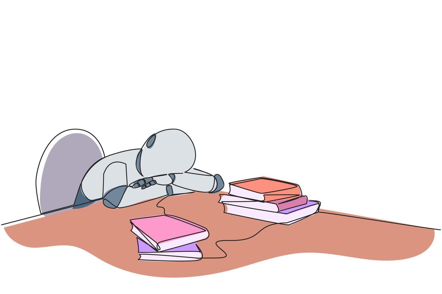 Single continuous line drawing smart robotic asleep at table where there were piles of books. Tired after successfully finish favorite reading book. Love reading. One line design illustration vector