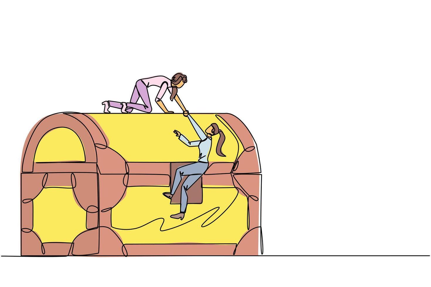 Single one line drawing businesswoman helps colleague climb a large treasure chest. Getting extraordinary profits. Share equally. Stronger together. Reward. Continuous line design graphic illustration vector