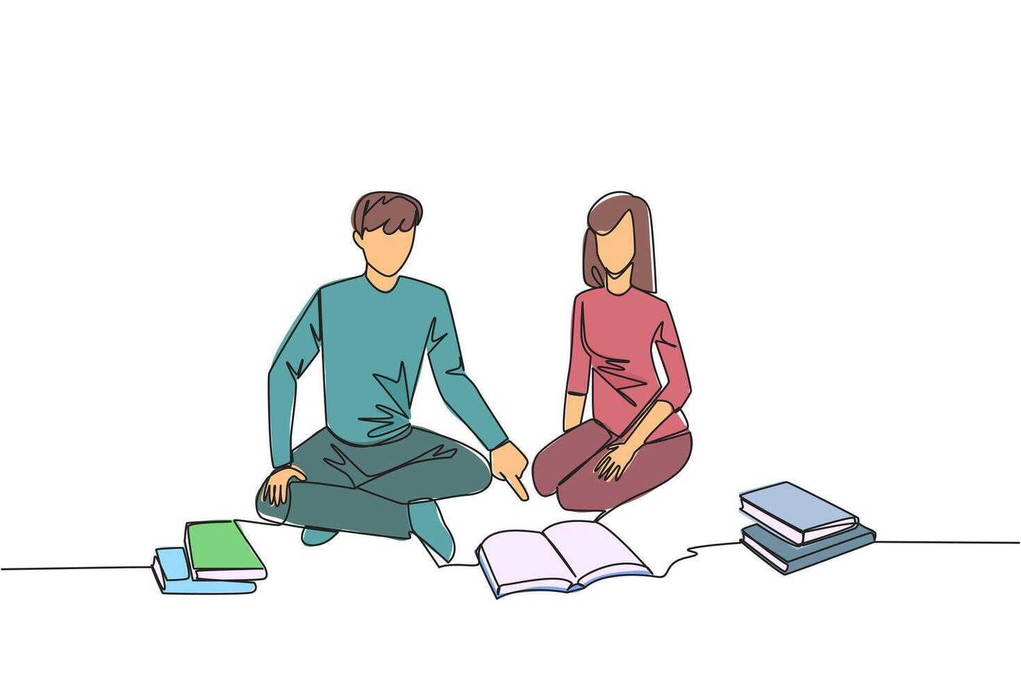 Single continuous line drawing man woman reading books happily. Good reading interest. Really enjoy reading story books. Reading everywhere. Book festival concept. One line design illustration vector