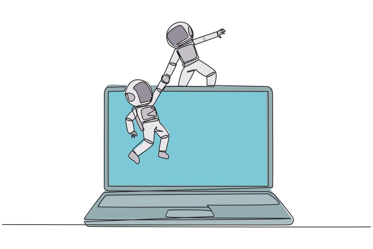 Single one line drawing young astronaut helps colleague to climb a big laptop computer. Help create applications to develop business online. Great teamwork. Continuous line design graphic illustration vector