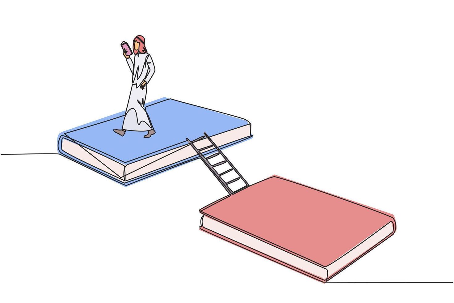 Single continuous line drawing Arabian man walking reading on book. Book exhibition concept. Display many books, scientific books to fiction story books. Book festival. One line illustration vector
