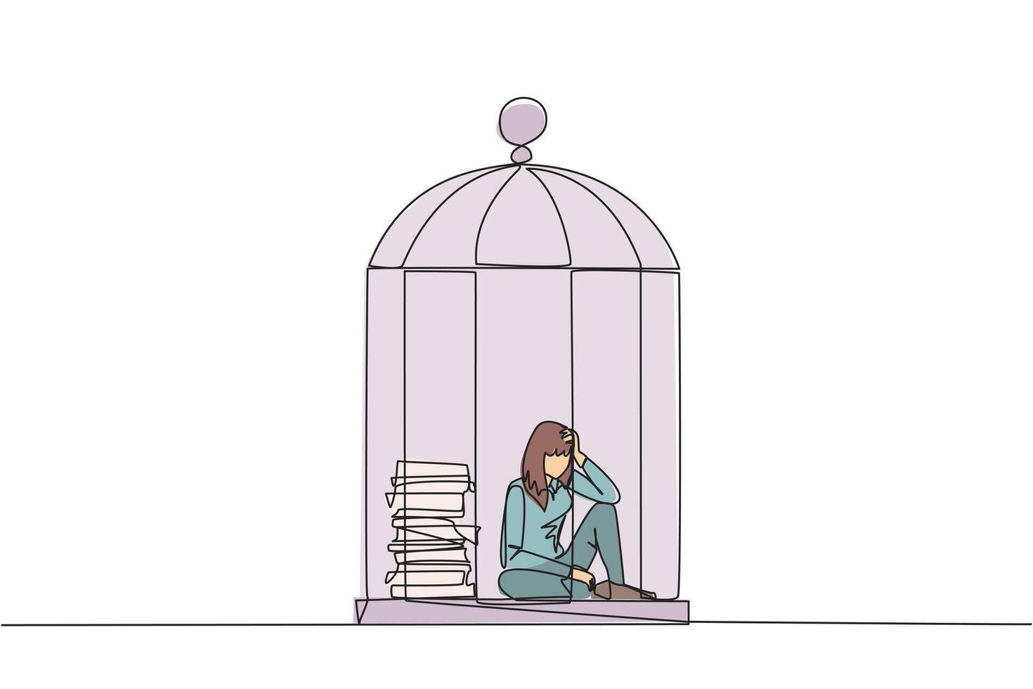 Continuous one line drawing businesswoman trapped in cage sitting down frustrated. Stress with piling up unfinished work until close to deadline. Exhausted. Single line draw design illustration vector