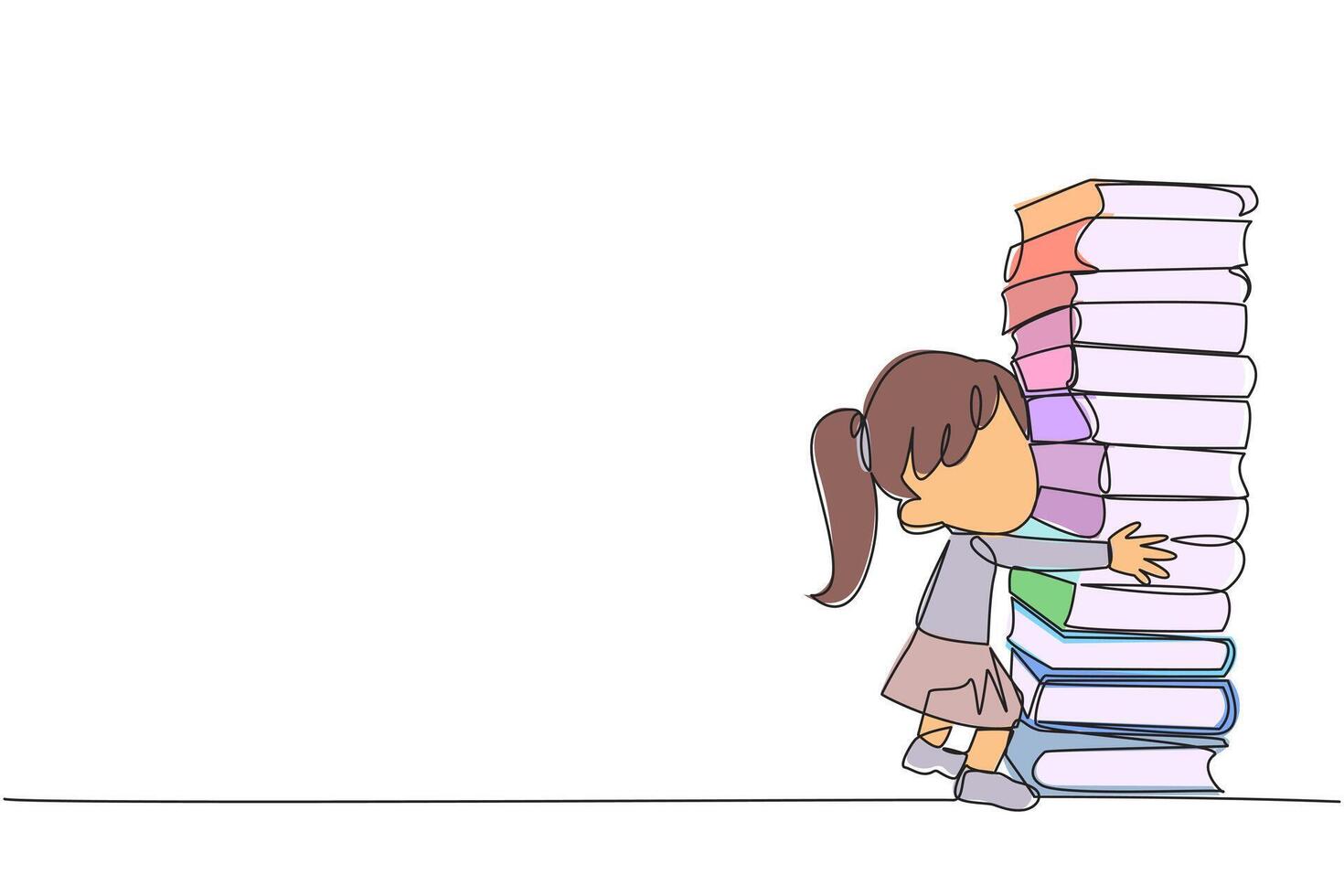 Continuous one line drawing girl hugging very high pile of books. Hobby to collecting and reading books. Filling free time with useful things. Loving read. Single line draw design illustration vector