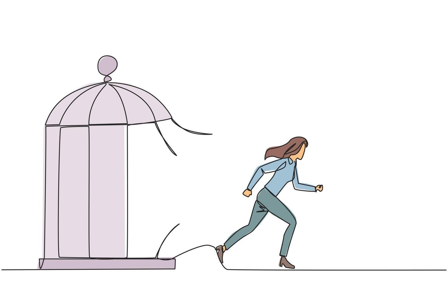 Single continuous line drawing young businesswoman trapped in the cage running through the cage. Metaphor penetrates the maximum limit of self. Desire to succeed. One line design illustration vector