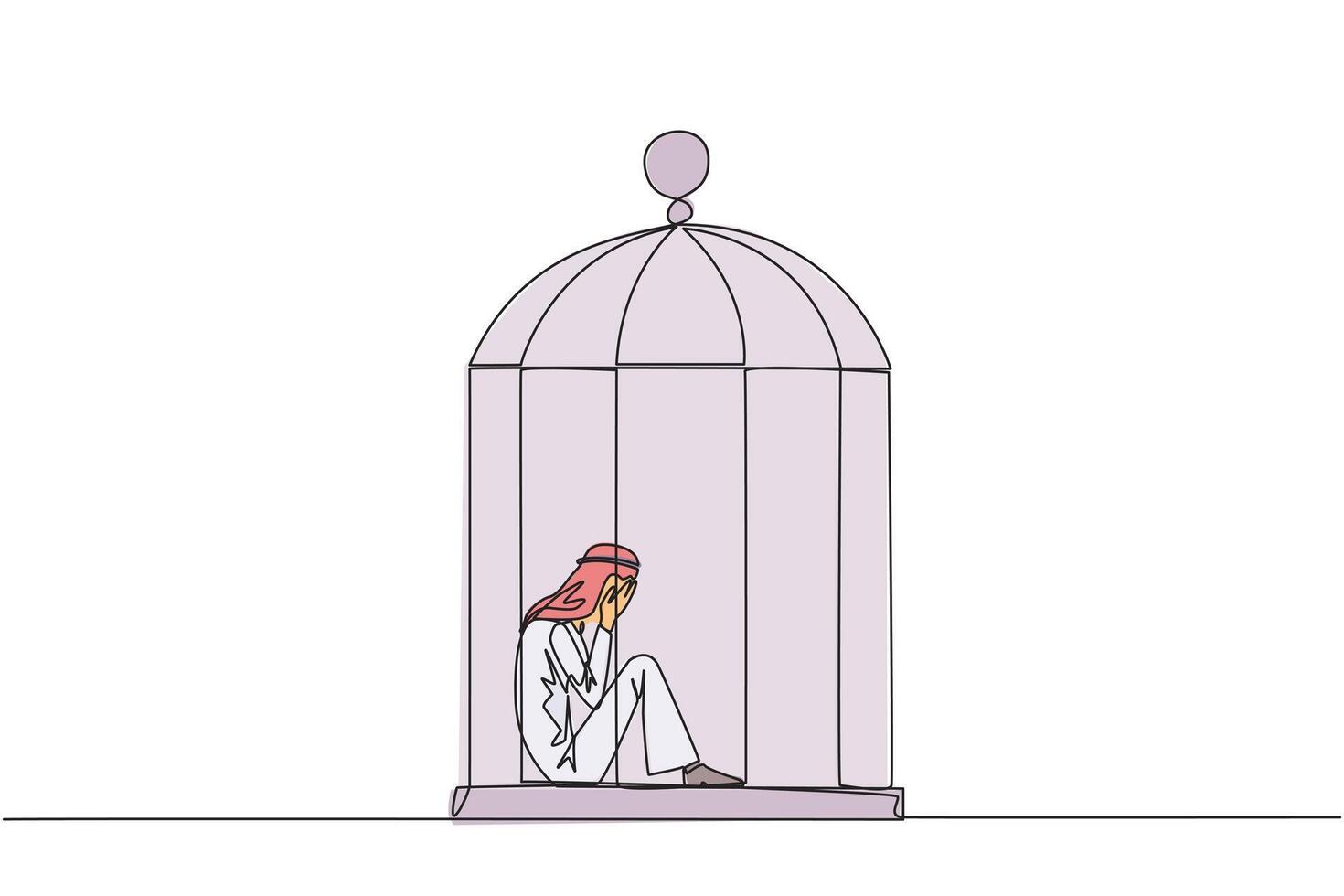 Single continuous line drawing Arab businessman trapped in the cage sitting covering face. Feel utterly defeated. Trapped in a dirty business. Mentally tired. Lost. One line design illustration vector