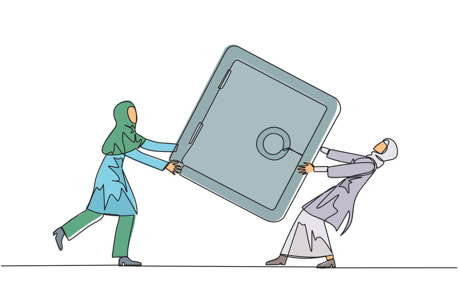 Single continuous line drawing two Arabian businesswoman fighting over safe deposit box. Fight for a safe place to store important data. Businesswoman conflict. One line design illustration vector
