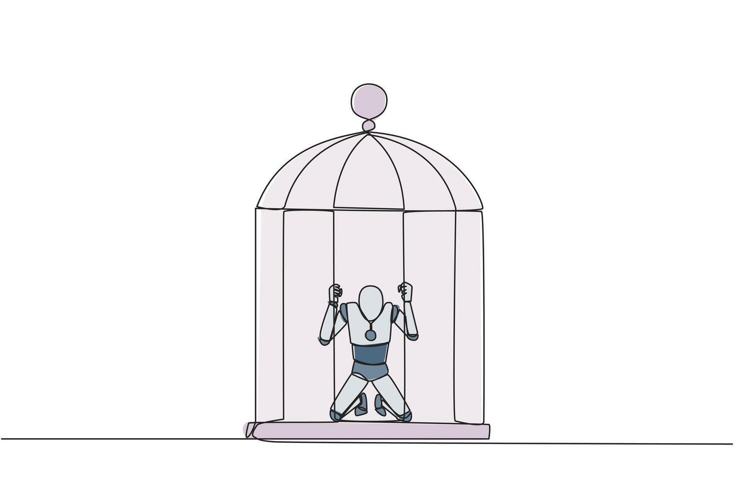 Single continuous line drawing robot trapped in the cage kneeling holding iron bars. Framed by business partner. Have to bear all the consequences. Unfair. AI tech. One line design illustration vector