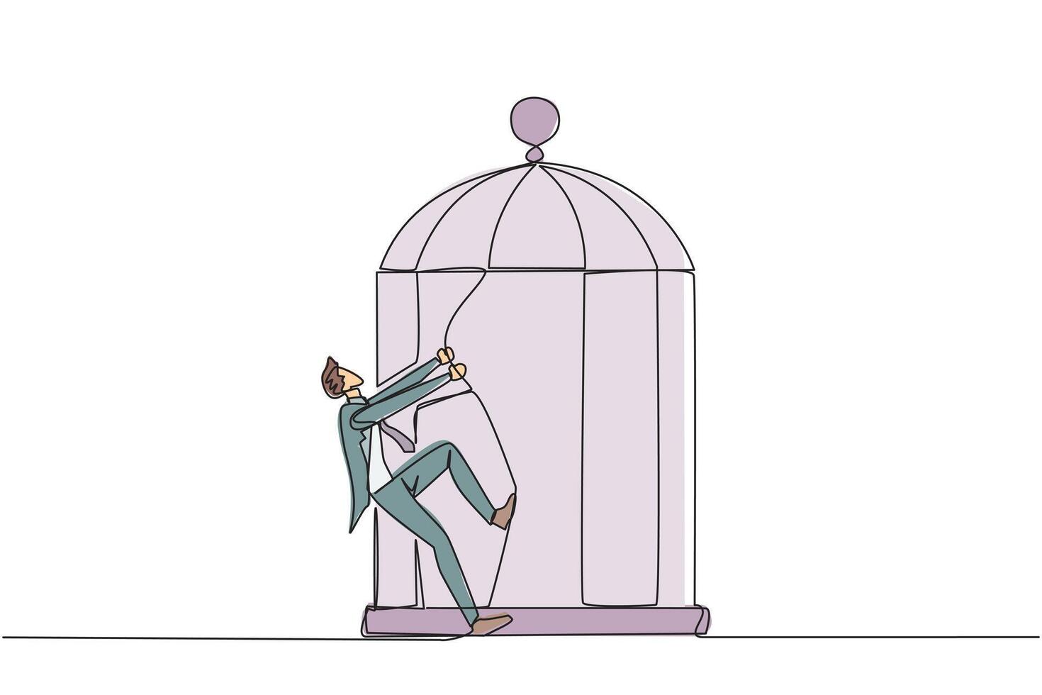 Single continuous line drawing businessman pull the iron bars until dented. Describes anger. Businessman expressing disappointment. Unhappy feeling. Exasperated. One line design illustration vector