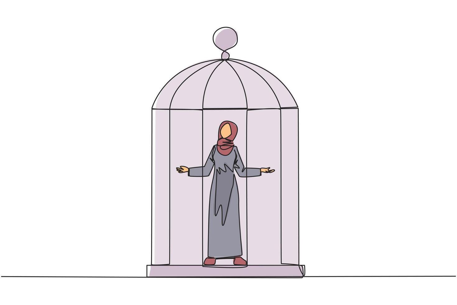 Single continuous line drawing Arab businesswoman trapped in cage standing with open arms. Surrender to situation. Forced to stay in cage. Business is not growing. One line design illustration vector