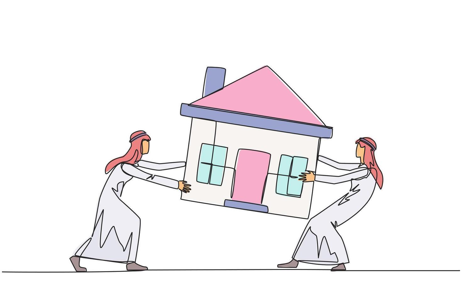 Continuous one line drawing two emotional Arabian businessman fighting over miniature house. Concept of fighting for luxurious house that they really want. Single line draw design illustration vector