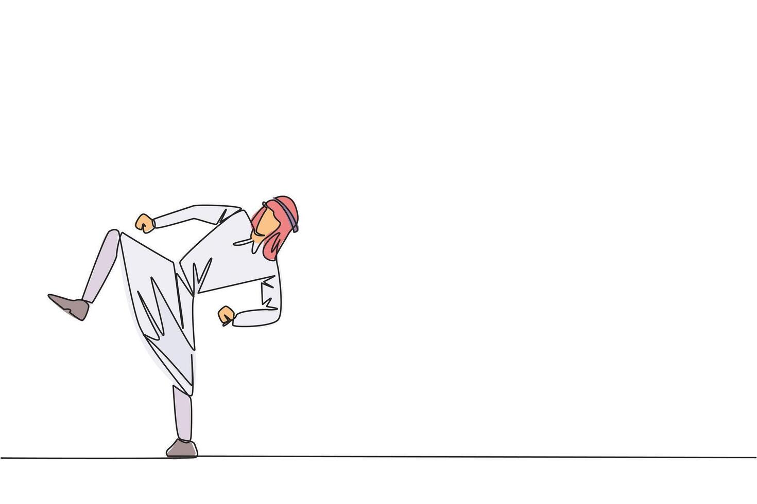 soltero uno línea dibujo árabe empresario haciendo taekwondo movimientos pateando movimiento. fuerte piernas. acuerdo negocio con deporte. mantener sano permanecer fuerte. continuo línea diseño gráfico ilustración vector