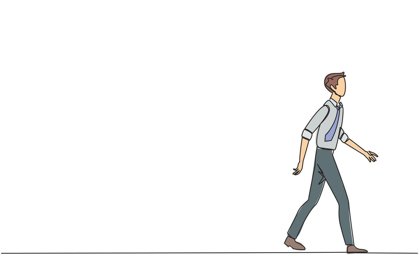 Single continuous line drawing young businessman walking to canteen to break and lunch. Taking time for a while to hone ideas back into brilliant ideas. Success. One line design illustration vector