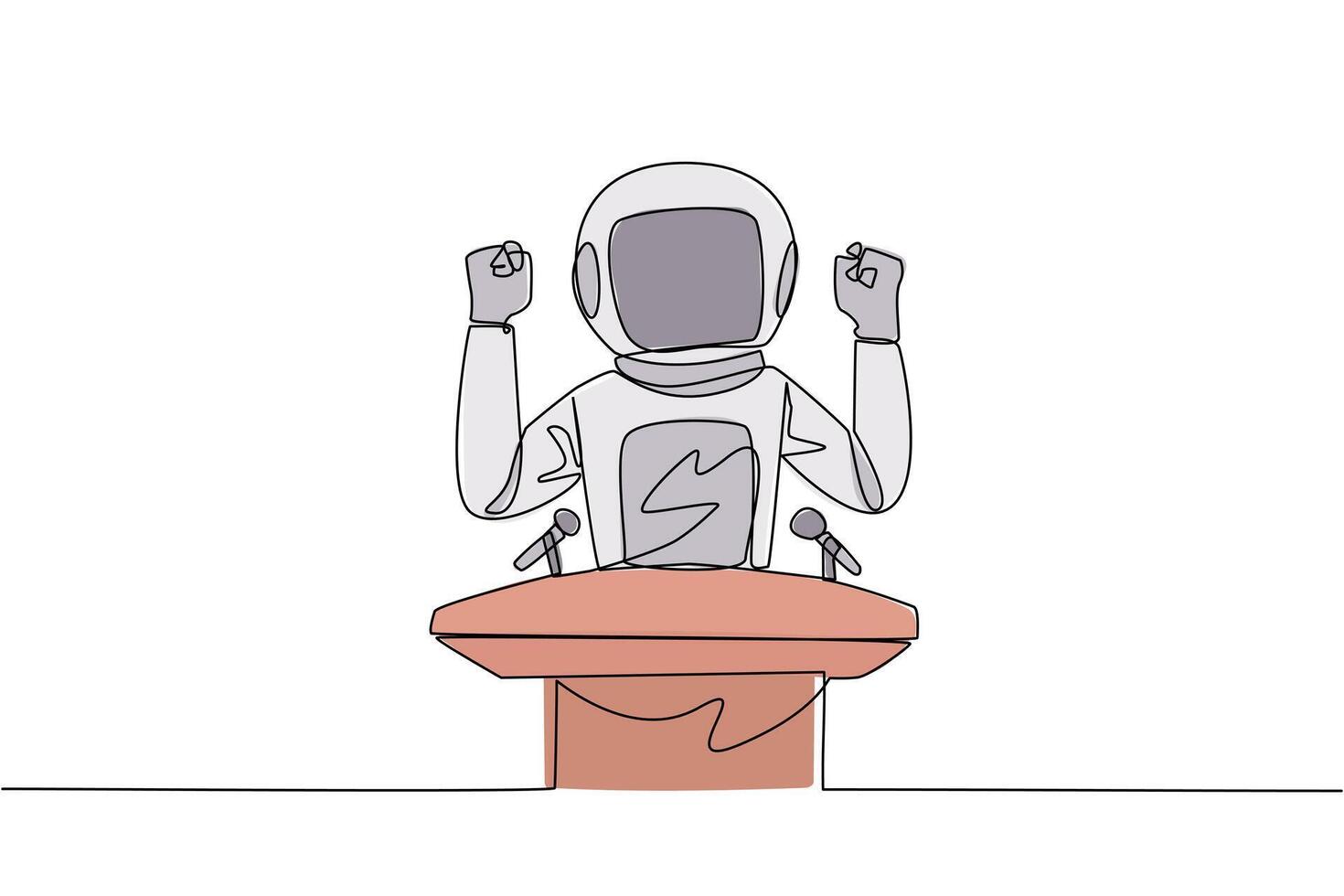 Single one line drawing young astronaut speaking at the podium while raising and clenching both hands. Styled like a politician seeking votes. Election. Continuous line design graphic illustration vector