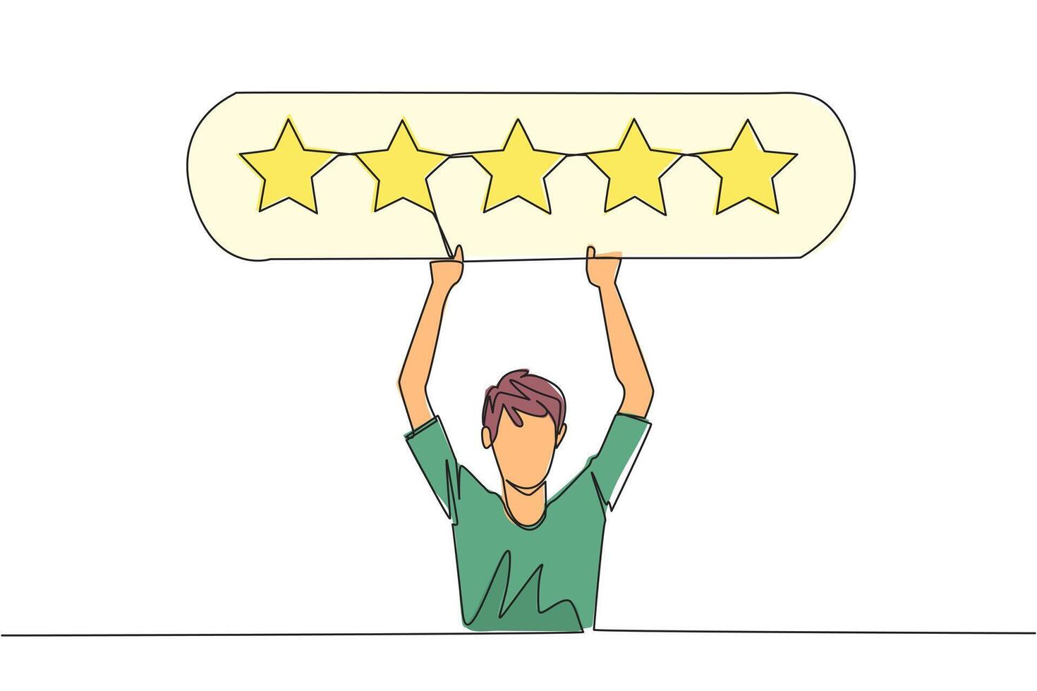 Continuous one line drawing young happy man holding rating board which contains 5 stars. Star rating. Positive review. Online shopping with give 5 rating. Single line draw design illustration vector