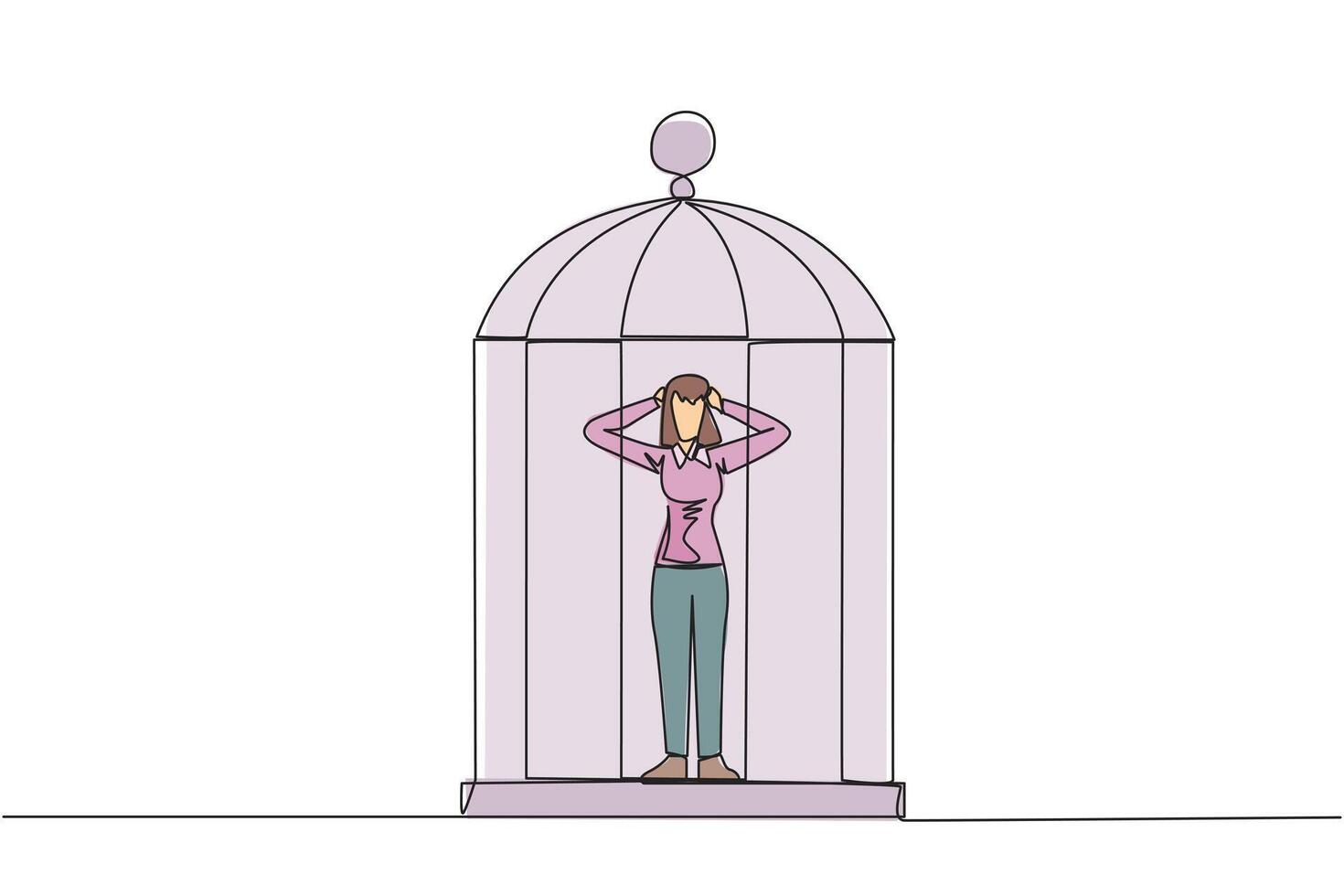 Continuous one line drawing tired businesswoman trapped in cage standing frustrated holding head. Anxiety caused can not move freely. Confined. Imprisoned. Single line draw design illustration vector