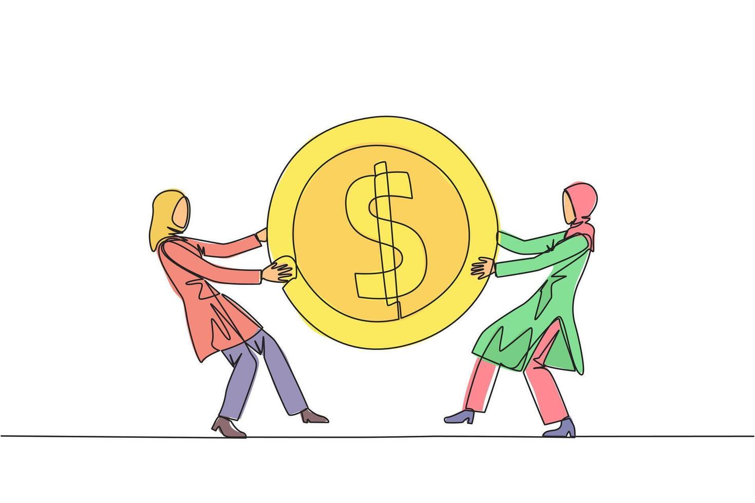 Single continuous line drawing two angry Arabian businesswoman fighting over dollar sign coin. The last coin used to buy fresh drinks at vending machine. Attack. One line design illustration vector