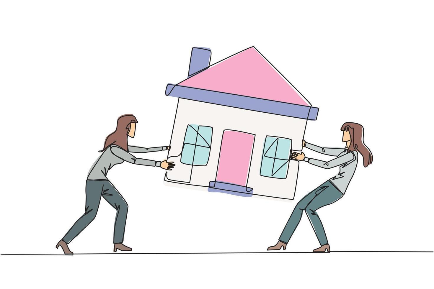 Single one line drawing two emotional businesswoman fighting over the miniature house. The concept of fighting for luxurious house that they really want. Continuous line design graphic illustration vector