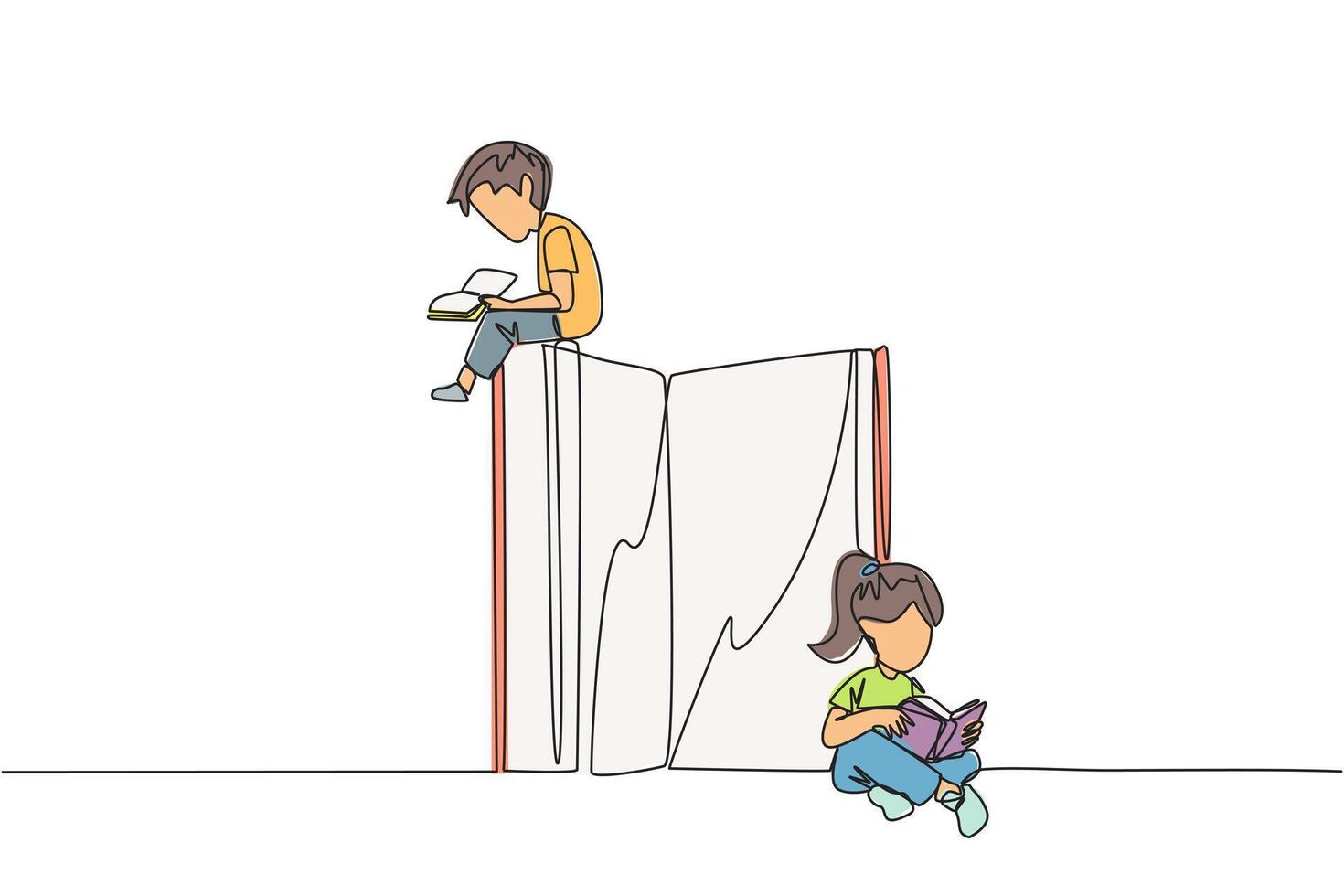 Continuous one line drawing children sit reading books while the big book is open. Serious and focus learning increases insight. Book festival concept. Single line draw design illustration vector
