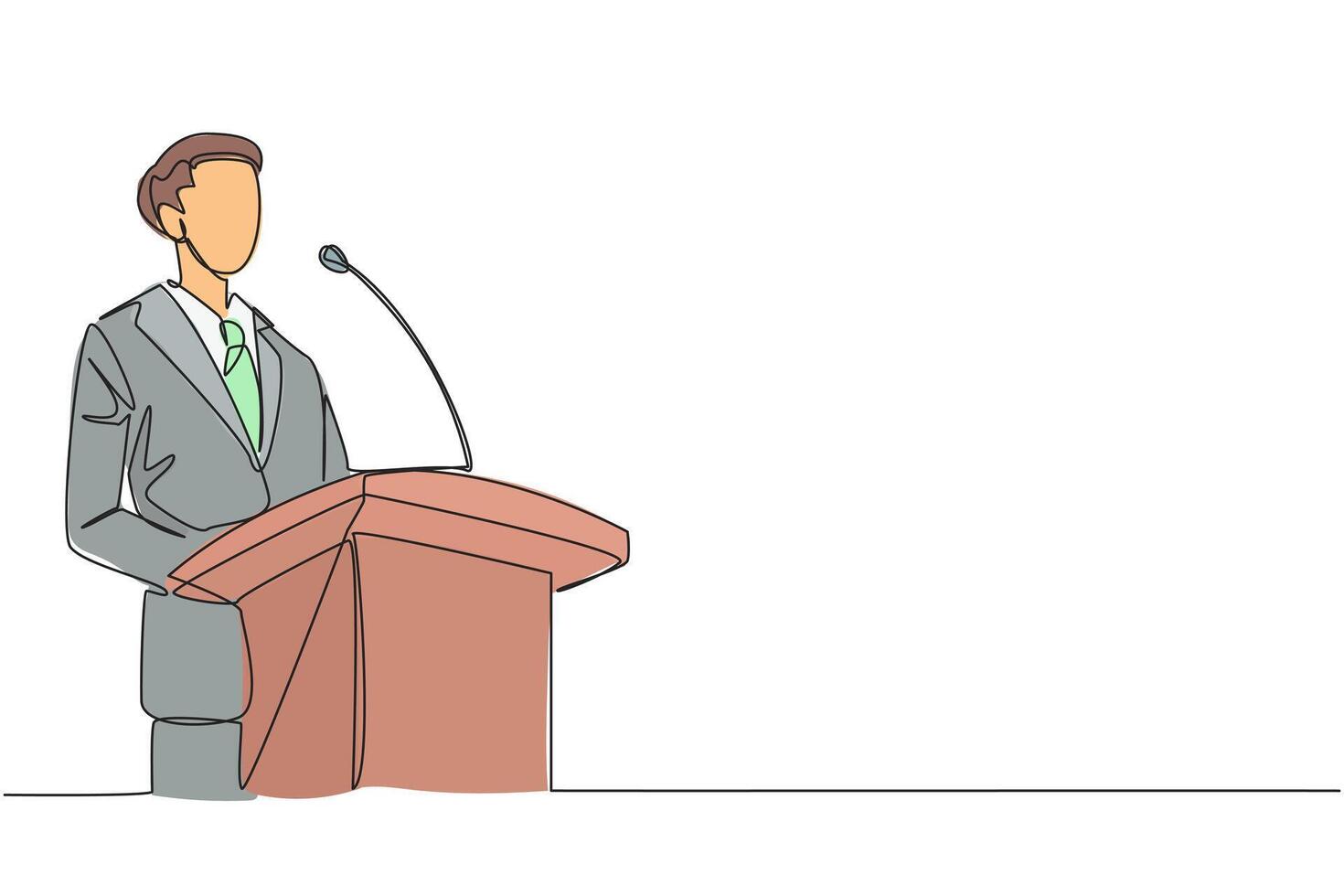 Single continuous line drawing young happy businessman speaking at the podium. Announced greatly improved business balance sheet. A fun speech for all parties. One line design illustration vector