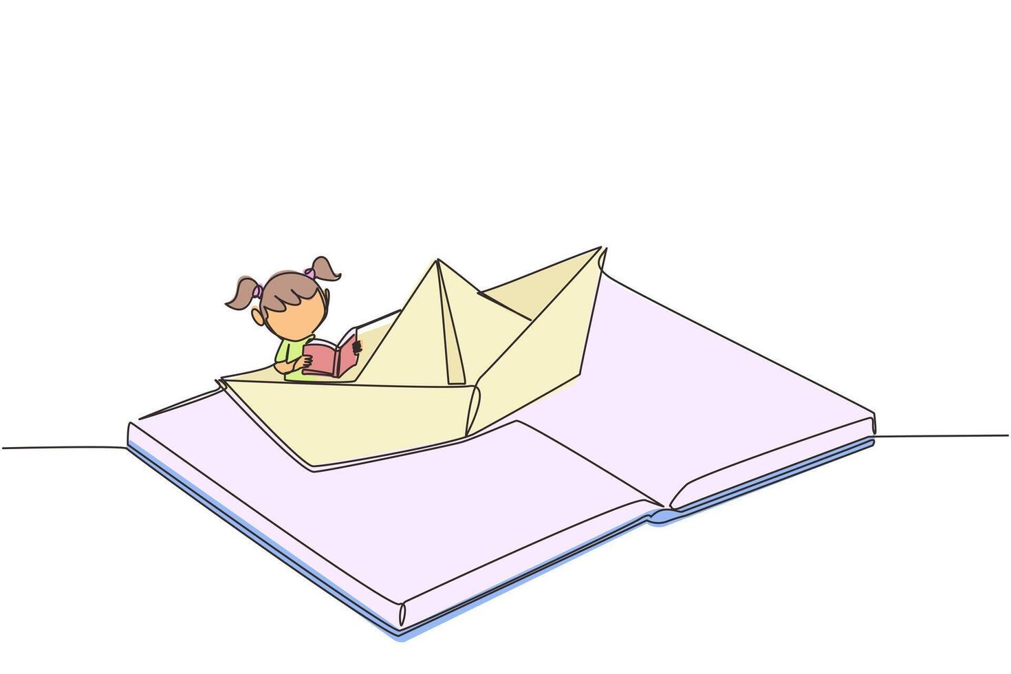 Single continuous line drawing girl reading a book on a paper boat. Maintain the good habits. The metaphor of reading can explore oceans. Book festival concept. One line design illustration vector