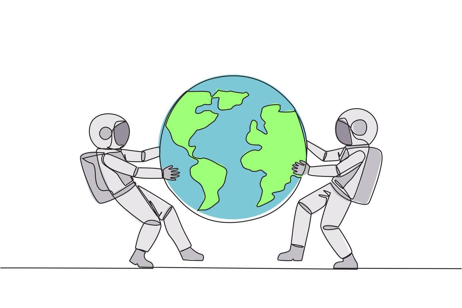 Single continuous line drawing two strong astronaut fighting over globe. Fighting over the area that will be the target of sales expansion. Aggressive. Outer space. One line design illustration vector