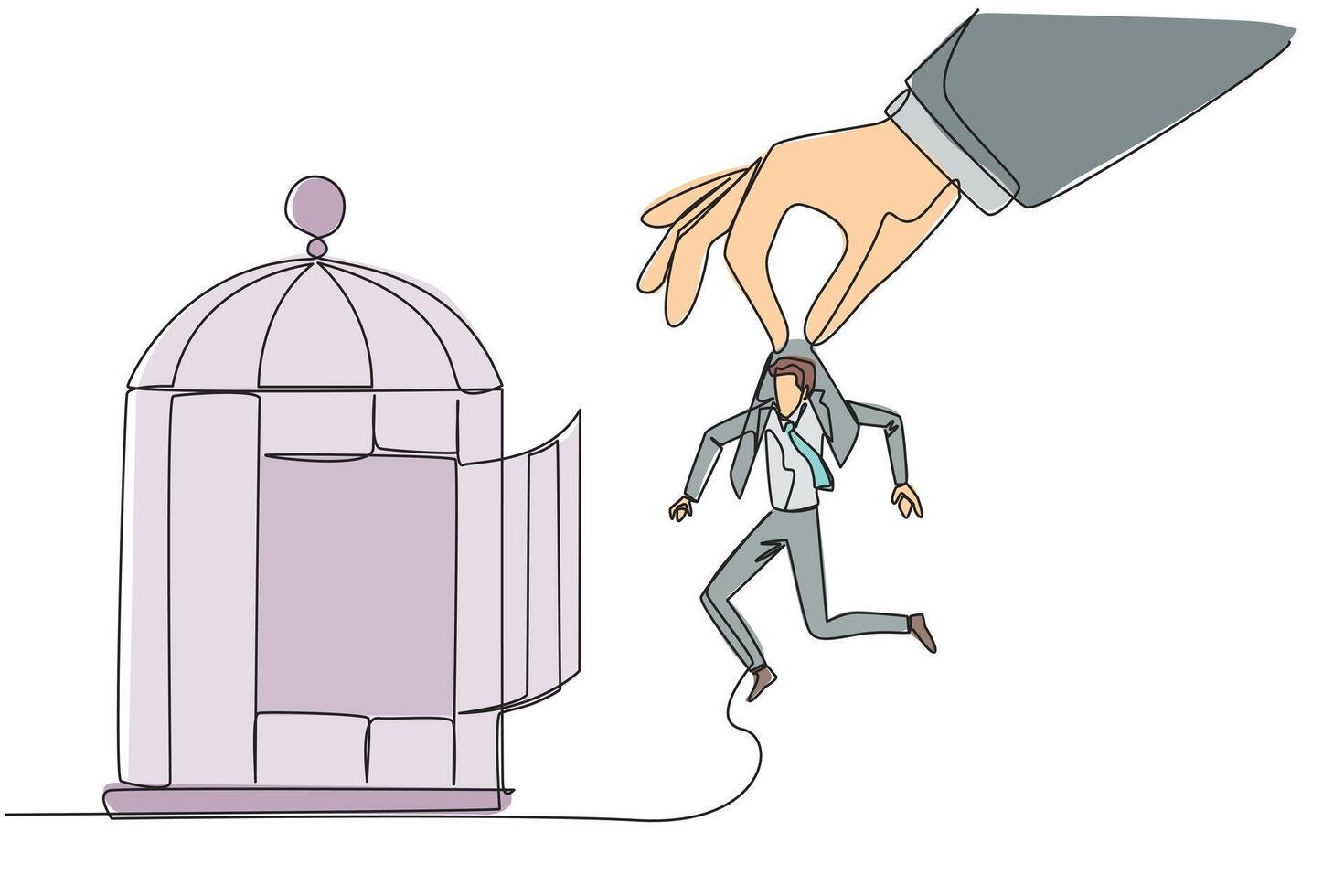Single one line drawing big hands holding businessman and want put in a cage. Trapping roughly. Beating a business opponent by cheating. Unfair business. Continuous line design graphic illustration vector