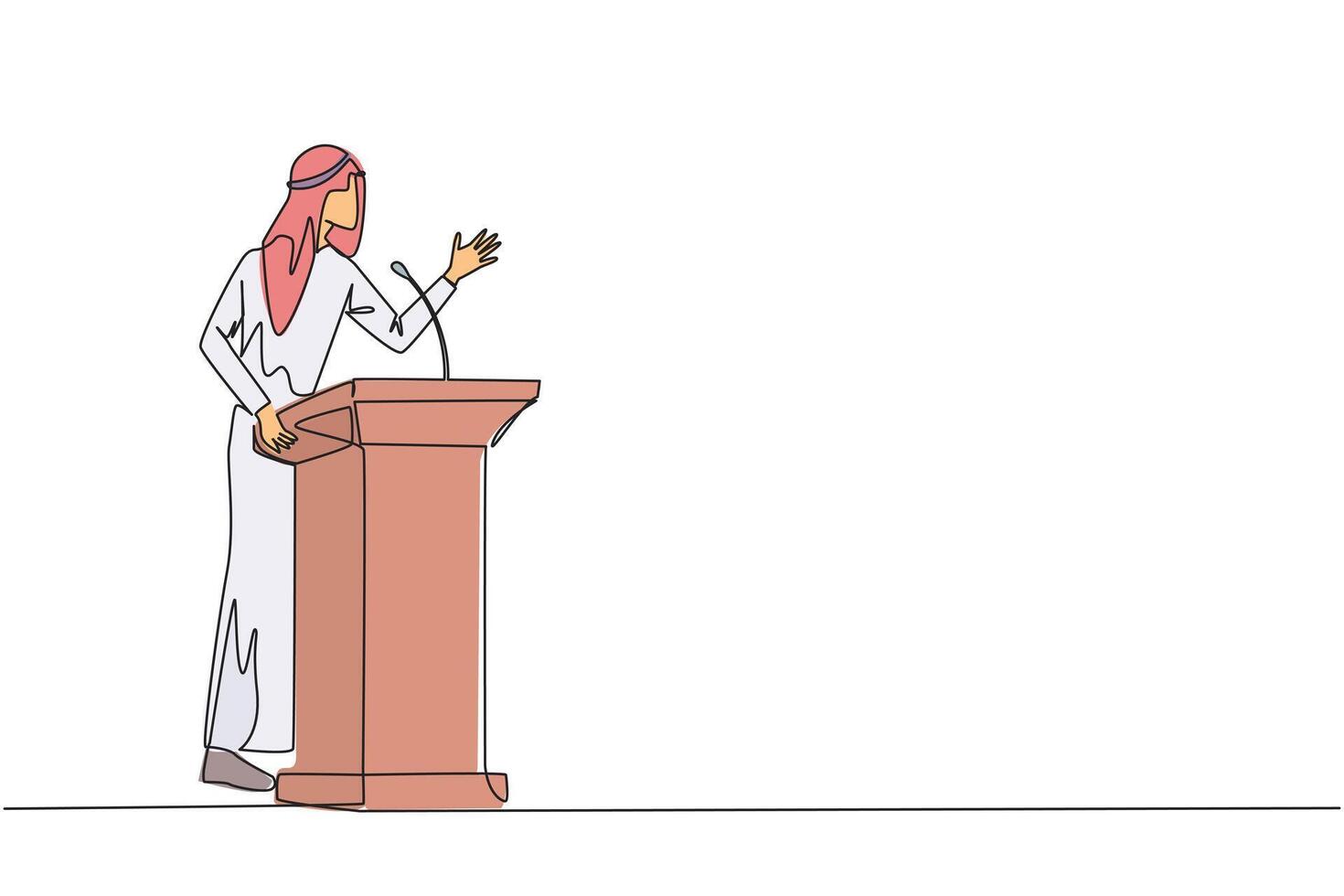 Single continuous line drawing Arab businessman speech standing at podium. Inviting to everyone to be more concerned with natural condition to avoid air pollution. One line design illustration vector