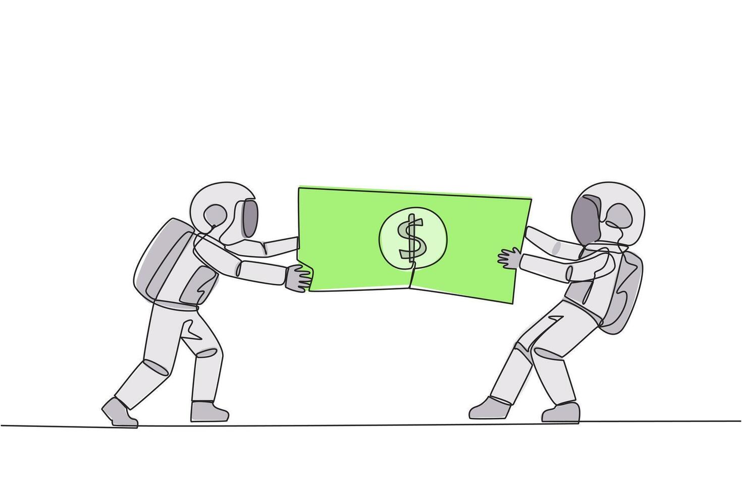 Single continuous line drawing two angry astronaut fighting over banknotes. Fight over the capital provided by the government to selected cosmonauts. Rival. Cosmic. One line design illustration vector